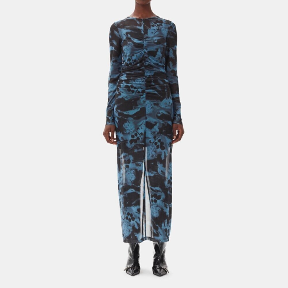 GANNI Blue Printed Mesh O-neck Ruched Long Dress Floral Size 36